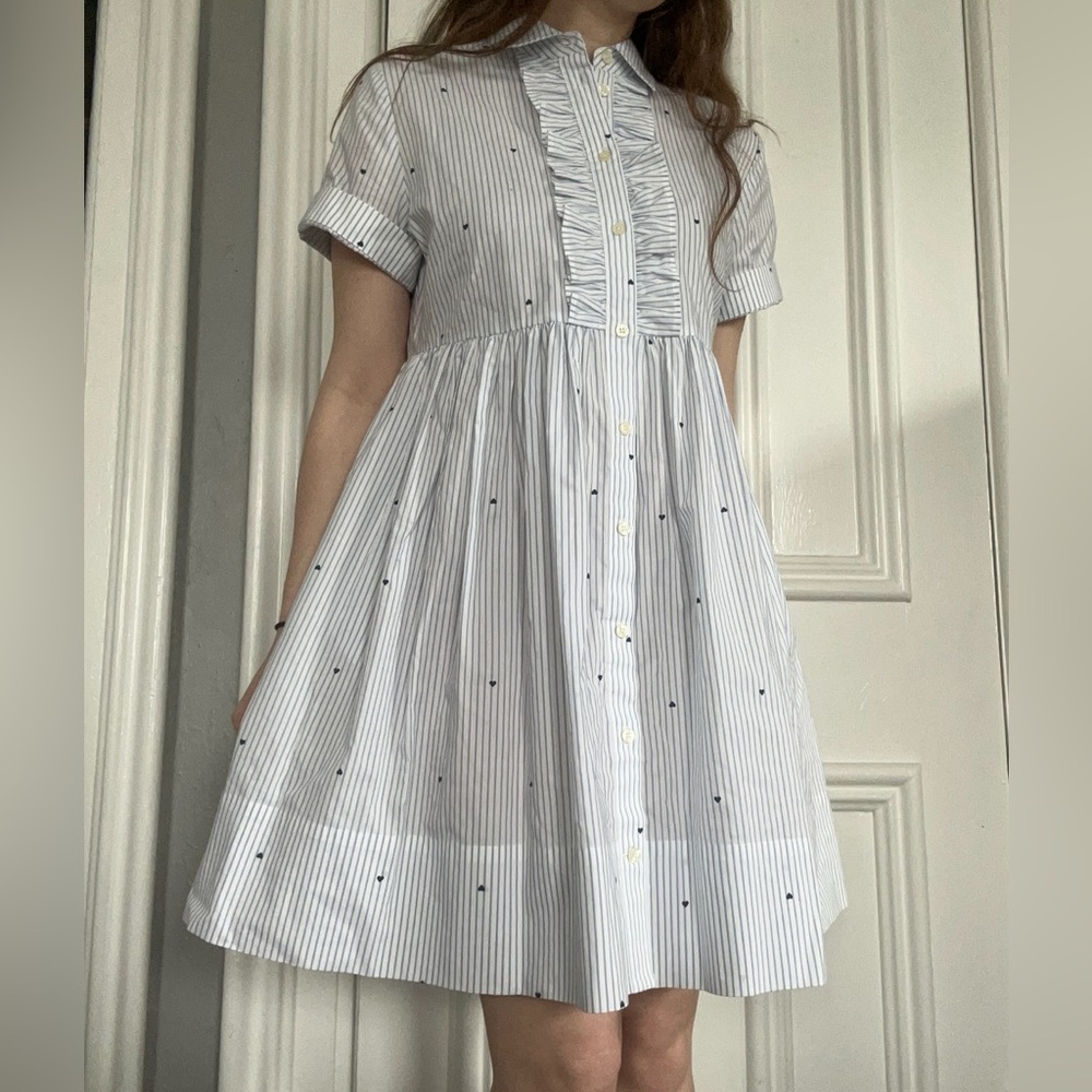 Kate Spade Blue and White Striped Ruffle-Front Shirt Dress
